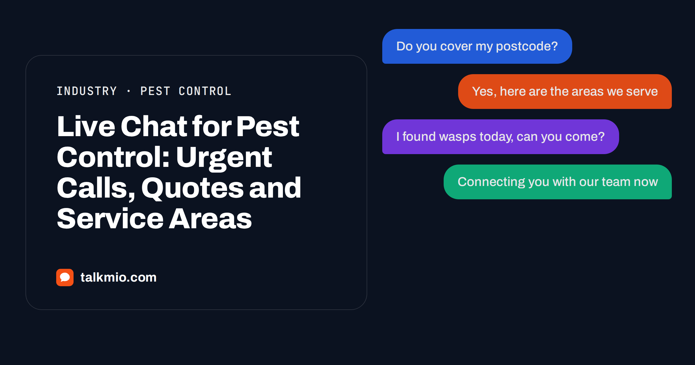 Live chat for pest control: a chat about a wasp nest quote beside a technician's protective suit