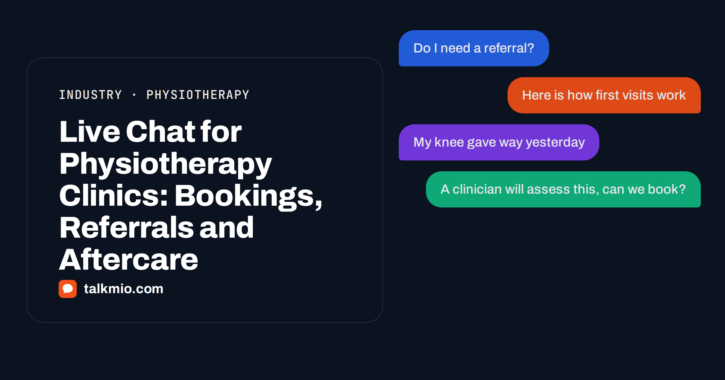 Live chat for physiotherapy clinics: a patient asking about a first session price and referral in a chat window
