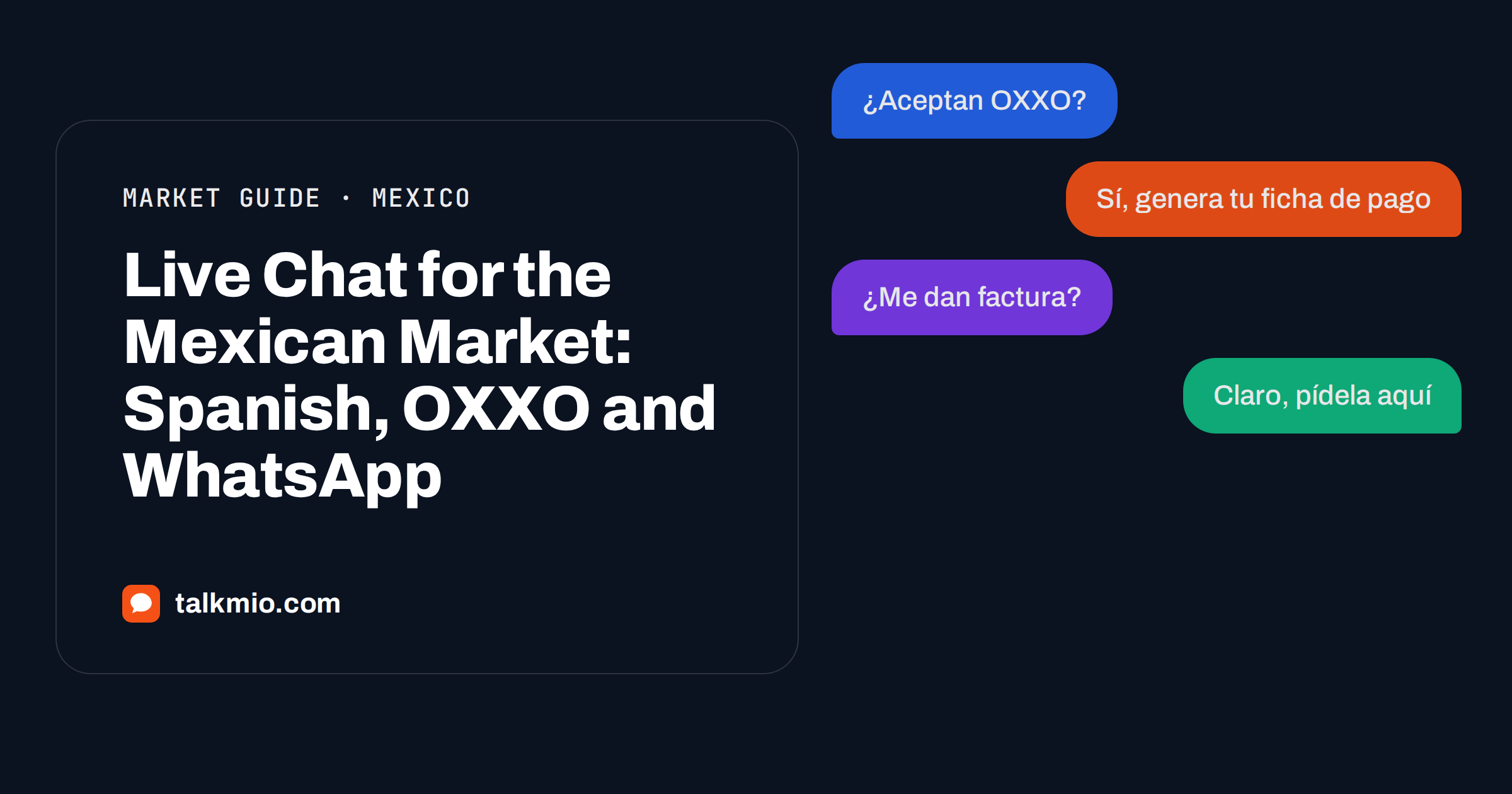 Live chat for the Mexican market: Spanish chat bubbles about OXXO payment, factura and parcel tracking